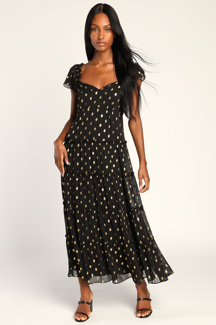 Drops of Sunshine Black Polka Dot Ruffle Tiered Maxi Dress