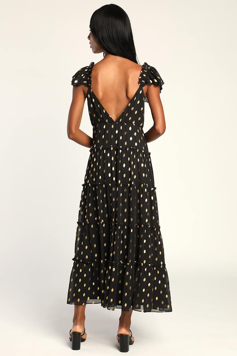 Drops of Sunshine Black Polka Dot Ruffle Tiered Maxi Dress