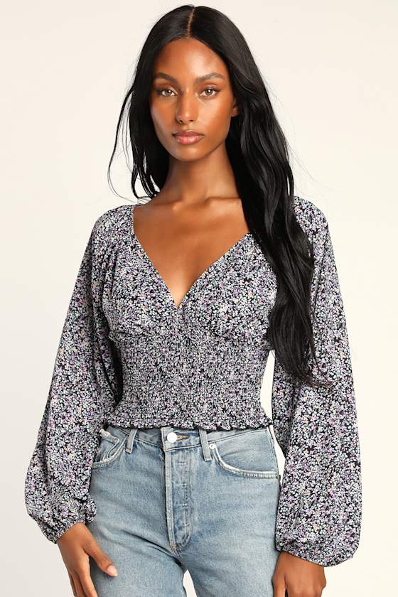 Black Floral Print Top Smocked Long Sleeve Top Floral Blouse Lulus