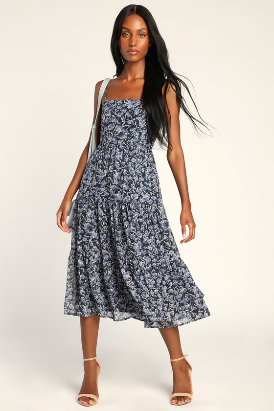 Blue Midi Dress - Floral Tiered Dress - Chiffon Midi Dress - Lulus
