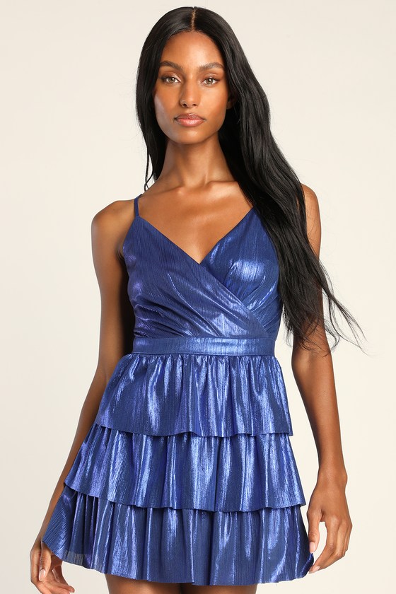 Tier to Party Blue Shiny Sleeveless Tiered Mini Dress