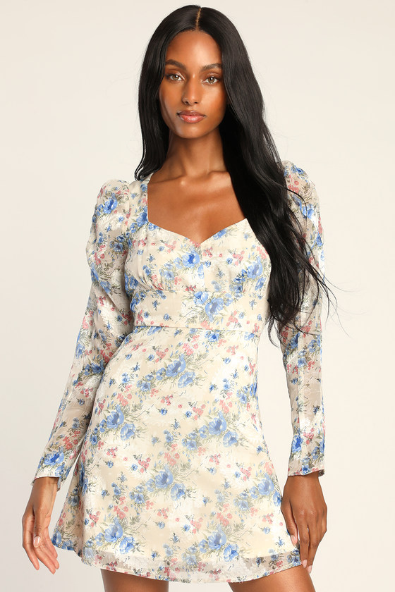 Ivory Floral Print Dress - Puff Sleeve Mini Dress - A-Line Dress - Lulus