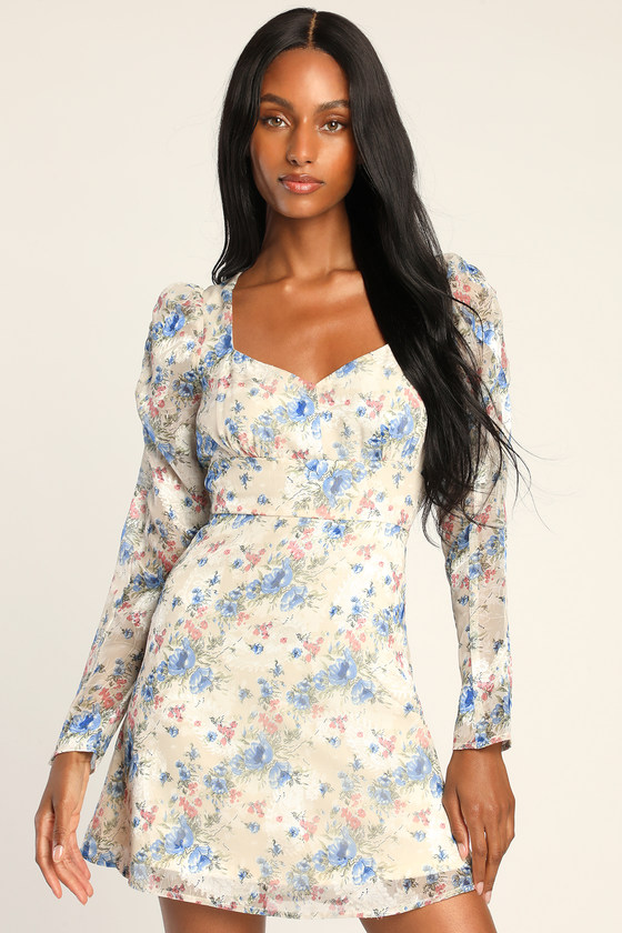 Lovely Type Ivory Floral Print Puff Sleeve A-Line Mini Dress
