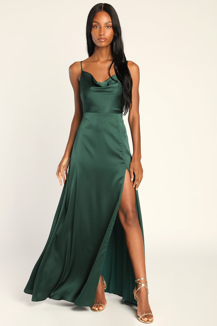 Emerald Green Satin Dress - Satin Maxi Dress - Cowl Neck Dress - Lulus