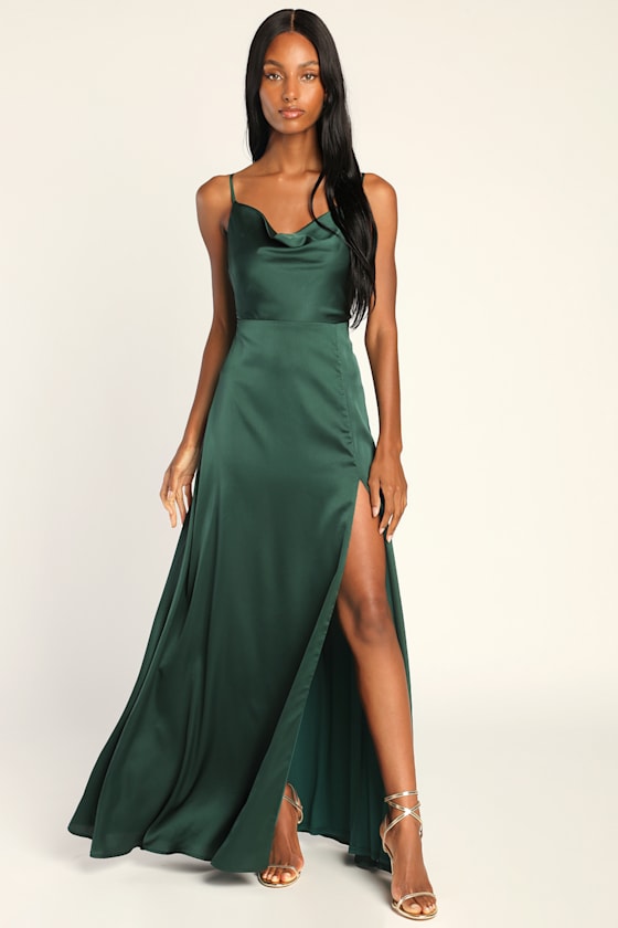 Formal Invitation Emerald Green Satin Cowl Neck Maxi Dress 1