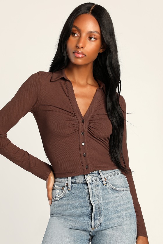 Keep Things Casual Brown Ribbed Ruched Button-Up Collared Top