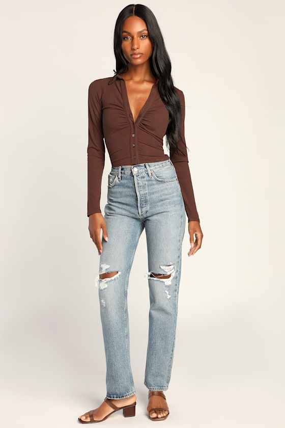 Keep Things Casual Brown Ribbed Ruched Button-Up Collared Top 2