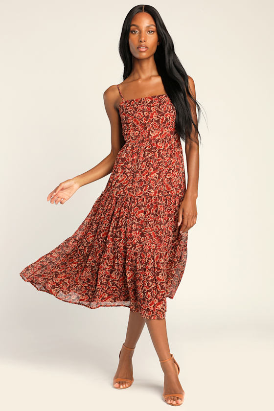 Rust Red Midi Dress - Floral Tiered Dress - Chiffon Midi Dress - Lulus