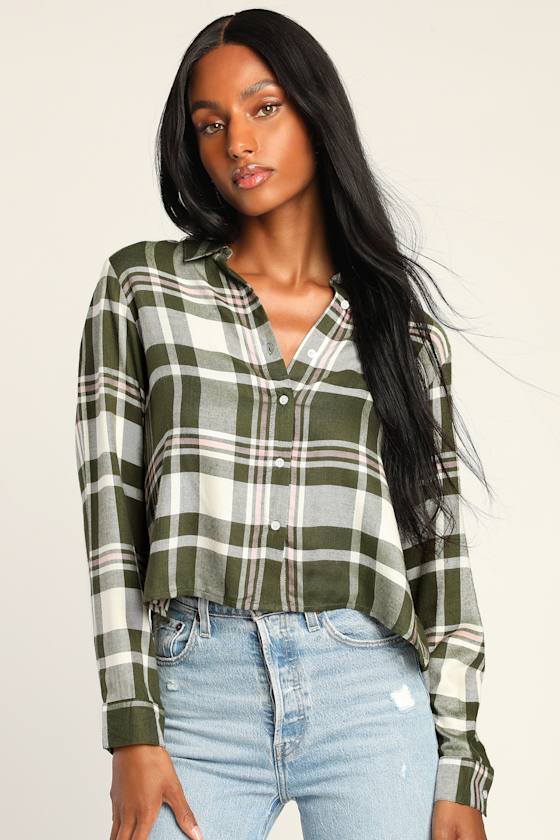 Seasonal Scene Olive Green Plaid Long Sleeve Button-Up Top 3