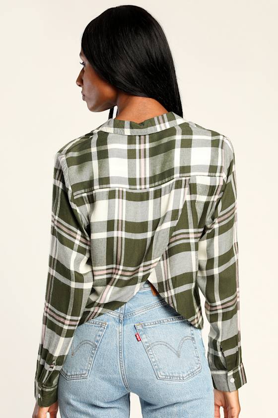 Seasonal Scene Olive Green Plaid Long Sleeve Button-Up Top 4