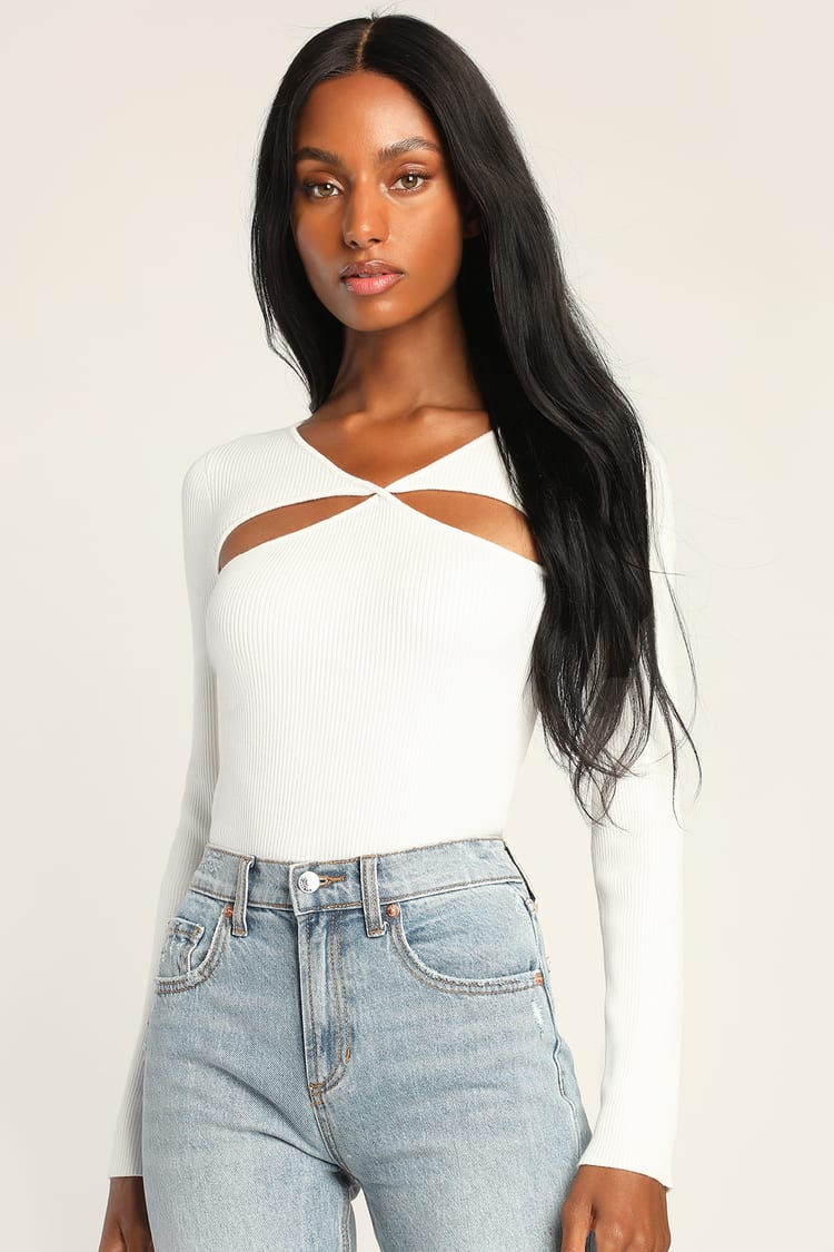 Infinite Style White Cutout Ribbed Knit Long Sleeve Top
