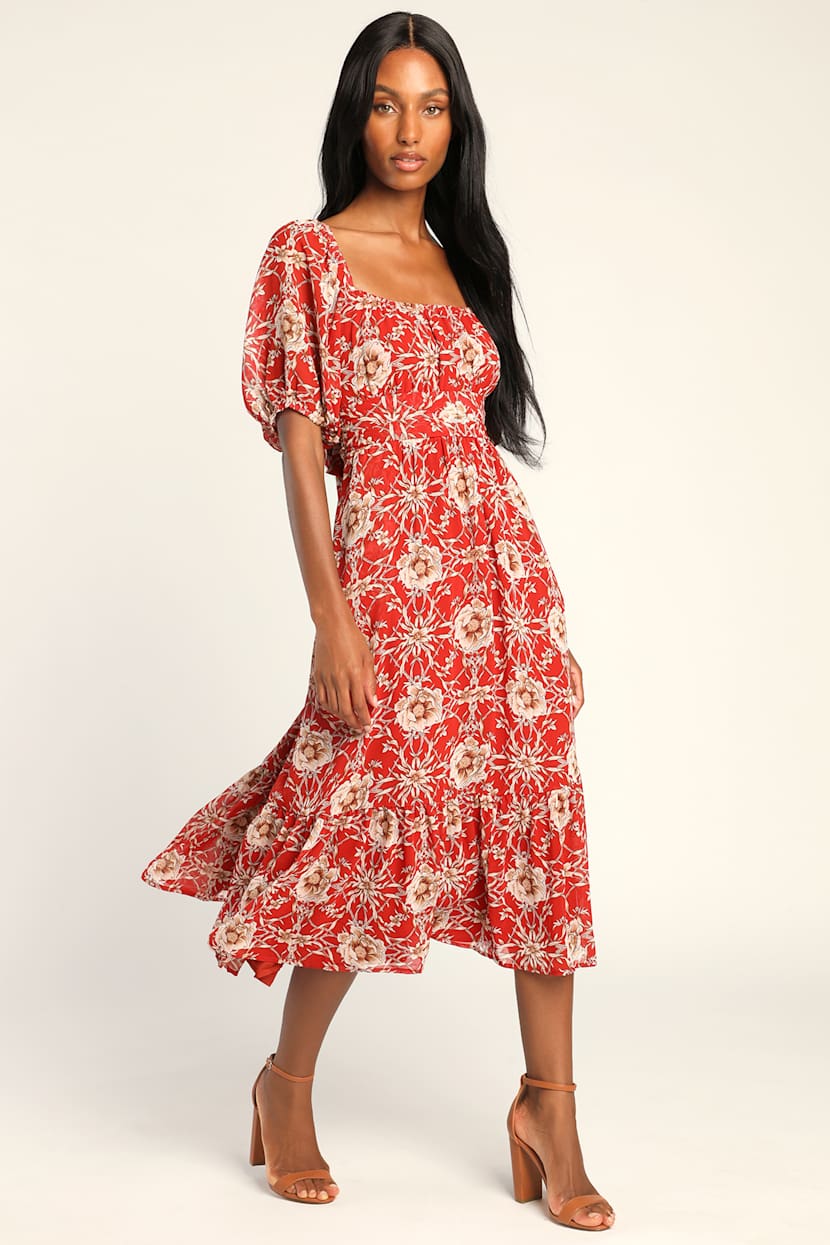 strapless open back dress Red Floral Midi Dress Bias Chiffon