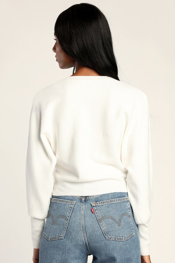 White Sweater Knit Top Ribbed Knit Top Long Sleeve Knit Top