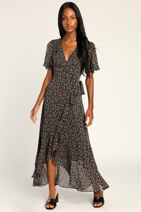 Black Floral Print Dress - High-Low Dress - Faux-Wrap Dress - Lulus