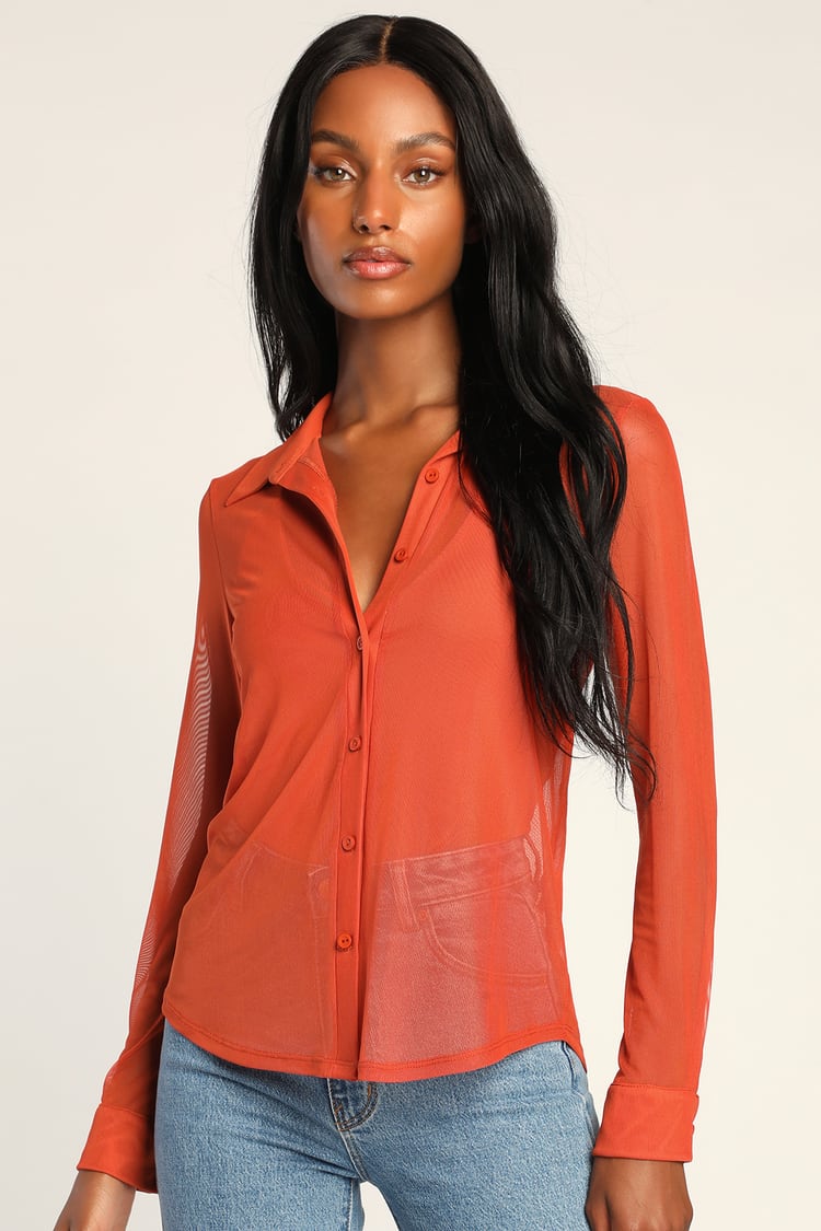 orange button up shirt womens