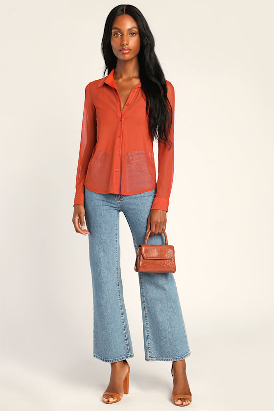 Cool Attitude Rust Orange Sheer Mesh Button-Up Long Sleeve Top 2