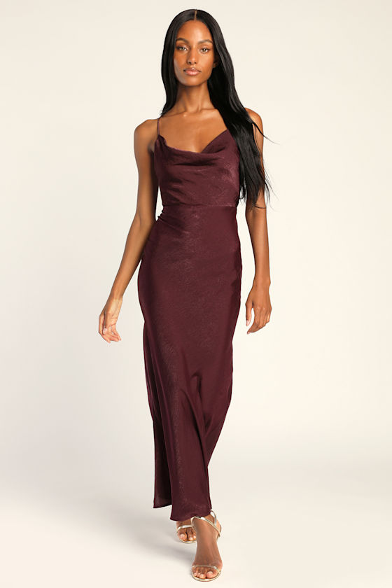 Exquisite Evening Plum Purple Satin Cowl Neck Maxi Dress 6