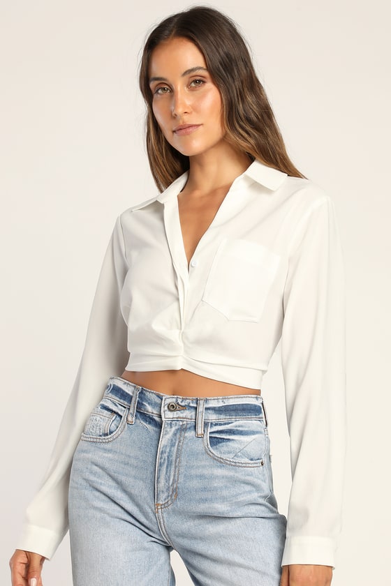 Chic Reasons White Collared Ruched Long Sleeve Top