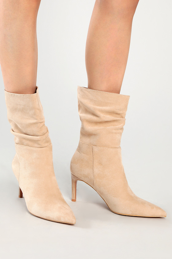 Cecilly Light Nude Suede Mid-Calf Pointed-Toe Boots 1
