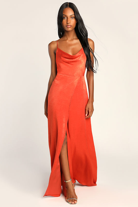 Rust Orange Dress - Brushed Satin Maxi Dress - Cowl Neck Dress - Lulus