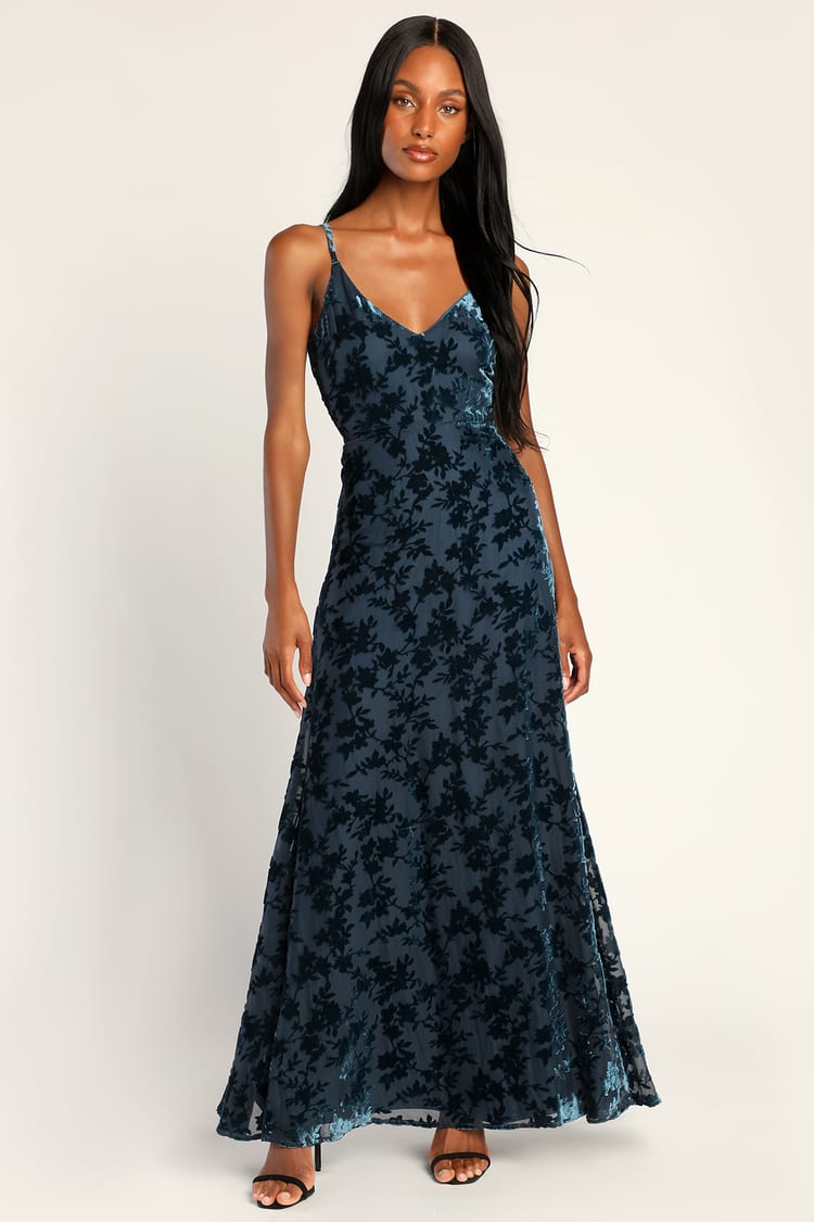 Velvet Maxi Dress - Navy Blue Maxi Dress - Floral Velvet Dress - Lulus