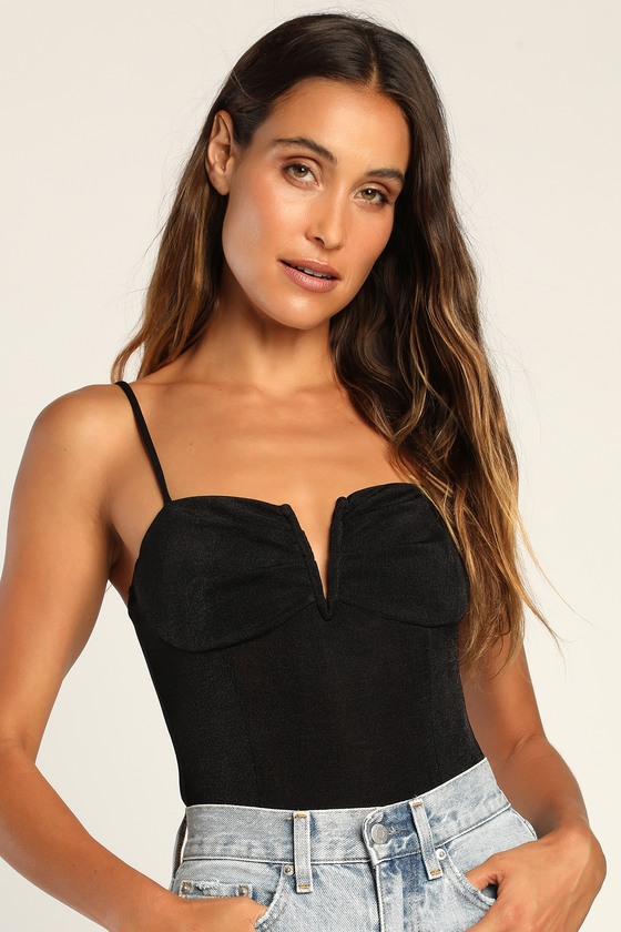 Black Notched Bodysuit - Sleeveless Bodysuit - Stretch Knit Top - Lulus