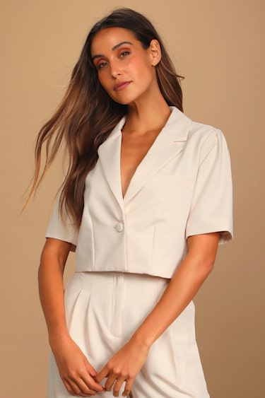 White Cropped Short Sleeve Blazer Ivory Short Sleeve Blazer