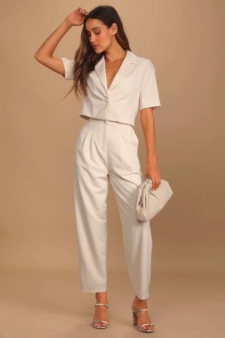 Posh Company Ivory Cropped Short Sleeve Blazer