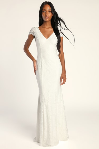 Cherish Your Love White Lace Cap Sleeve Mermaid Maxi Dress