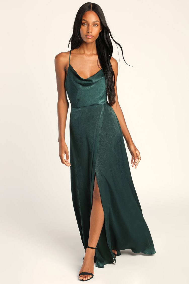 Emerald Green Dress - Brushed Satin Maxi Dress - Cowl Neck Dress - Lulus