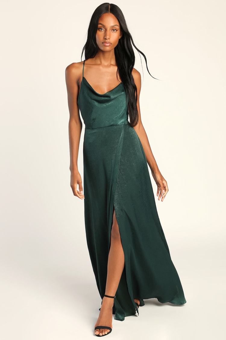 Black Midi Dress - Satin Cowl Neck Dress - High Side Slit Dress