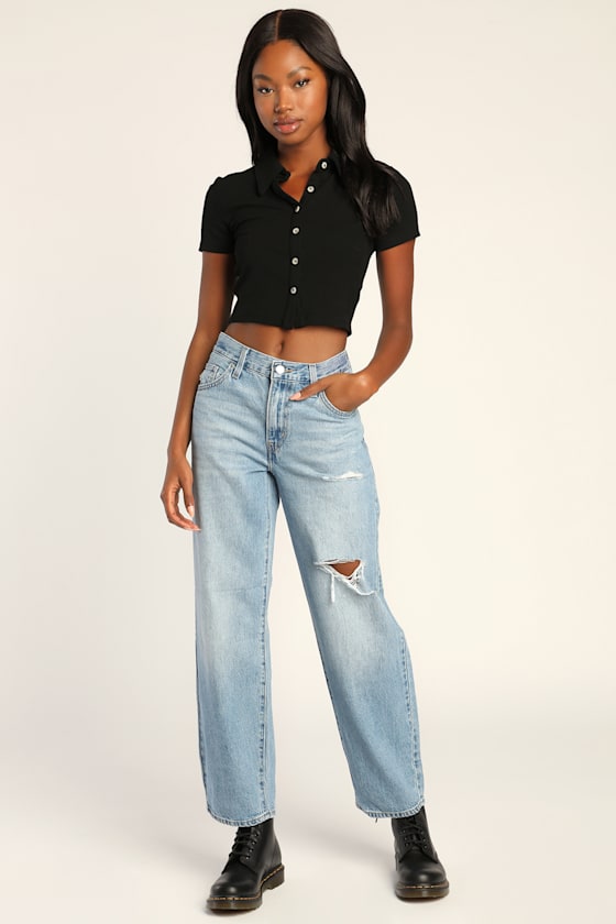Baggy Dad Medium Wash Distressed Mid-Raise Straight Leg Jeans 1