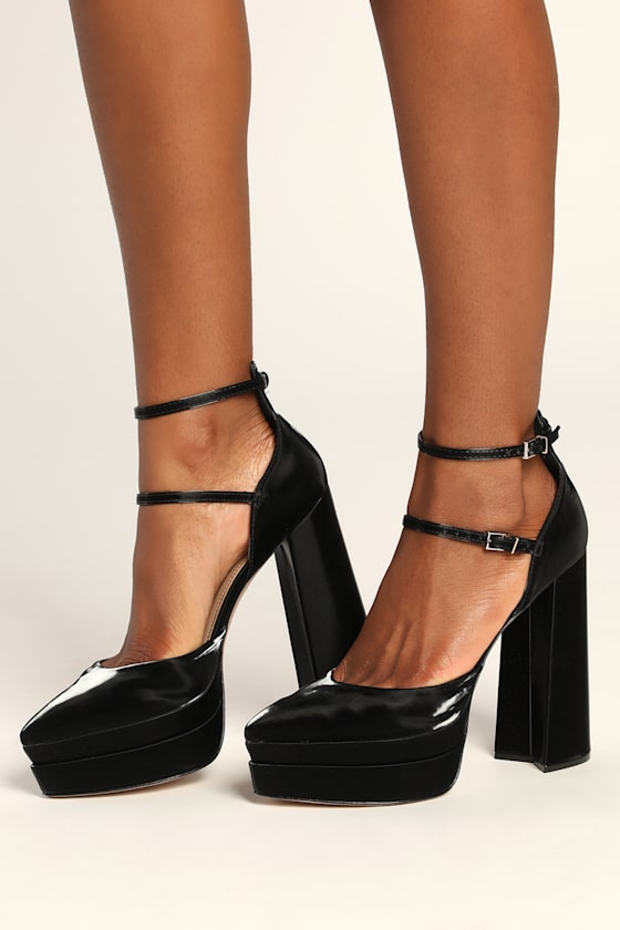 black platform pumps with ankle strap