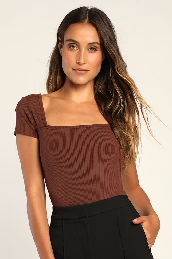 Brown Bodysuit Square Neck Bodysuit Short Sleeve Bodysuit Lulus