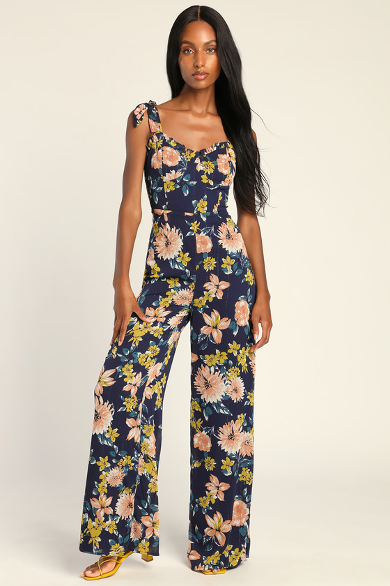 Navy Blue Floral Jumpsuit - Tie-Strap Jumpsuit - Lurex Jumpsuit - Lulus