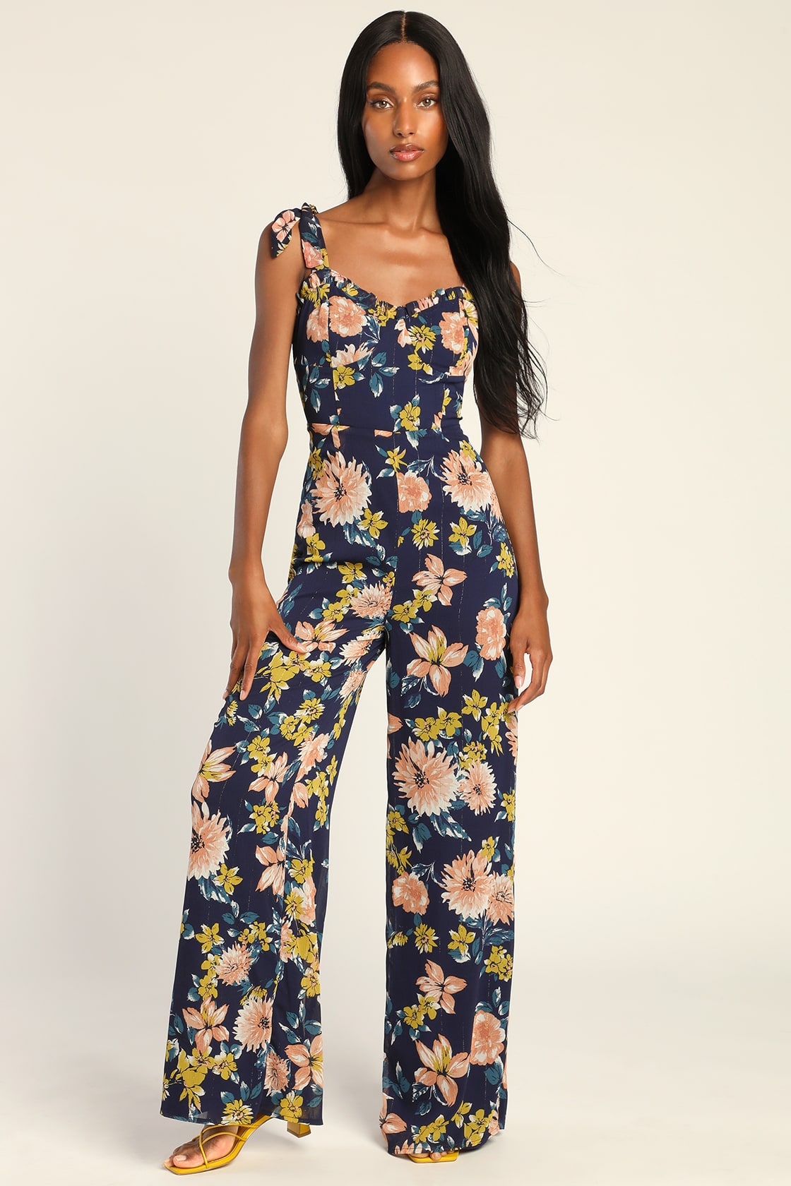 Flowery Forever Navy Blue Floral Lurex Tie-Strap Jumpsuit