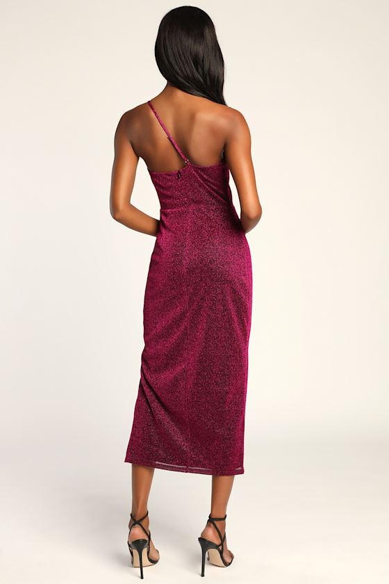 Stole the Spotlight Magenta Sparkly One-Shoulder Midi Dress 5