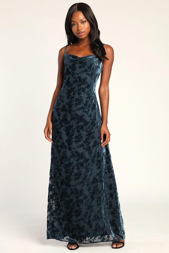 Cowl Neck Floor-length Velvet Dress Slate Blue Plus Size main image 1
