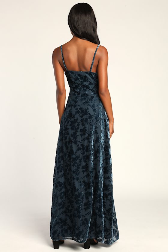 Romance in the Making Slate Blue Floral Print Velvet Maxi Dress 5