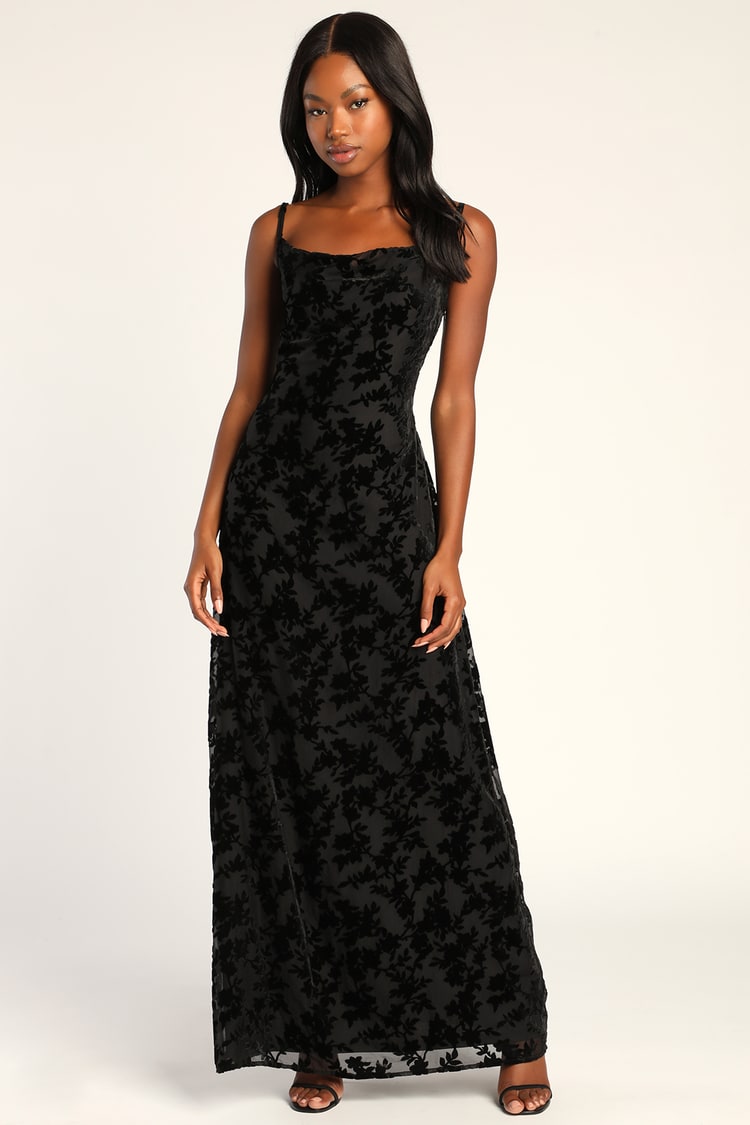 Black Floral Print Dress - Velvet Floral Dress - Cowl Neck Dress