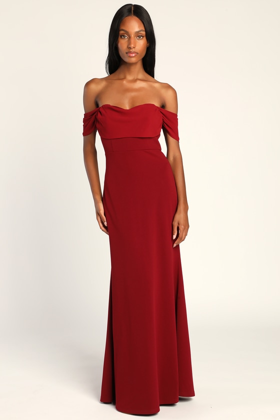 Would You Be Mine Burgundy Off-the-Shoulder Mermaid Maxi Dress