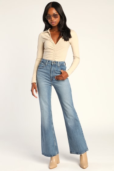 70s High Flare Medium Wash High-Waisted Jeans
