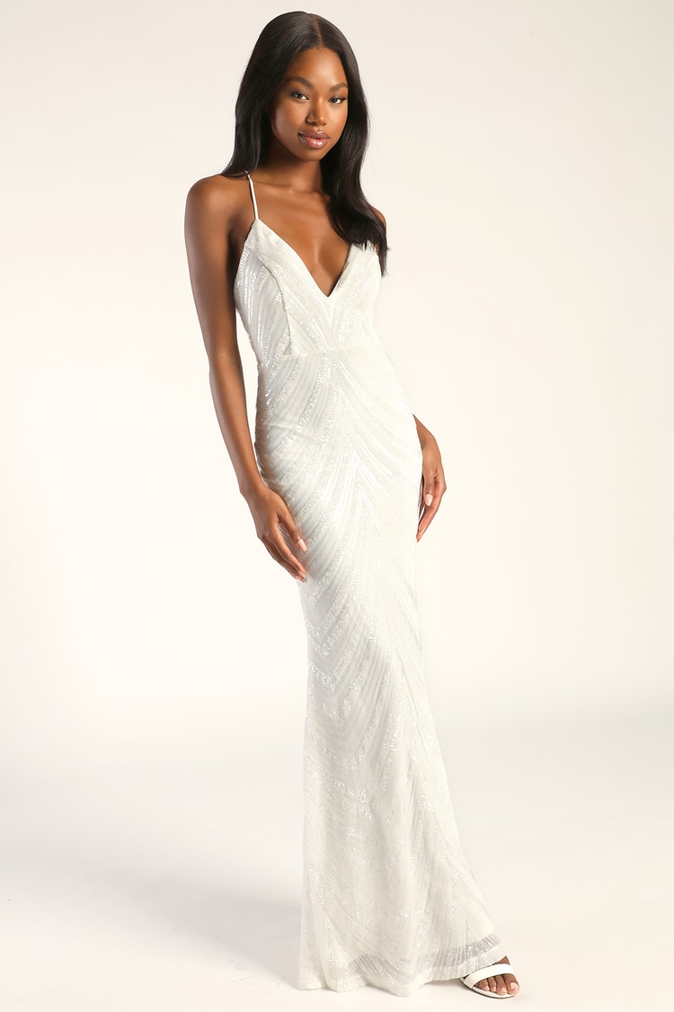 White Mesh Beaded Sequin Mermaid Maxi Dress | Womens | X-Small (Available in M, L) | 100% Polyester | Lulus