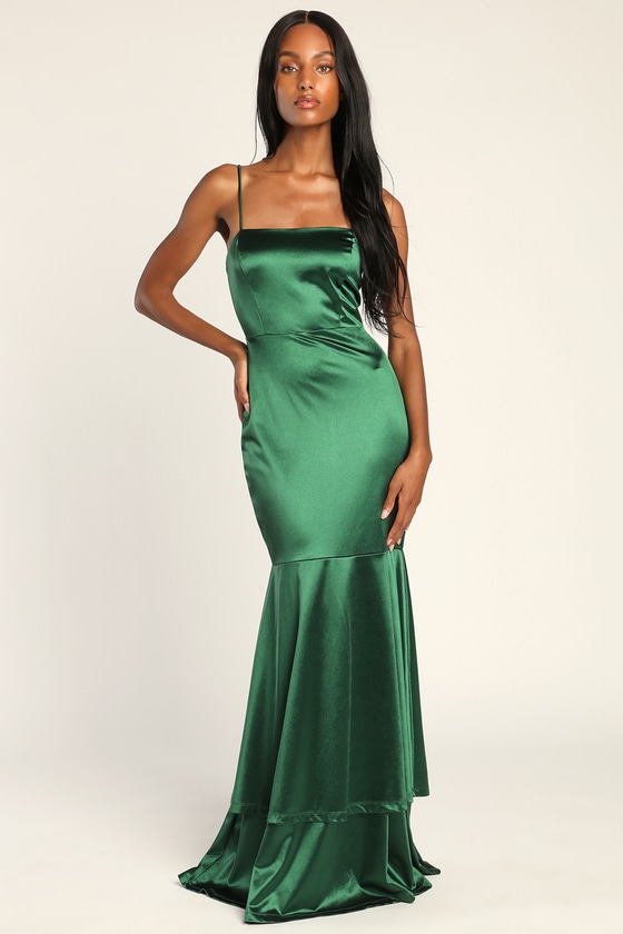 Contemporary Romance Emerald Satin Tiered Mermaid Maxi Dress