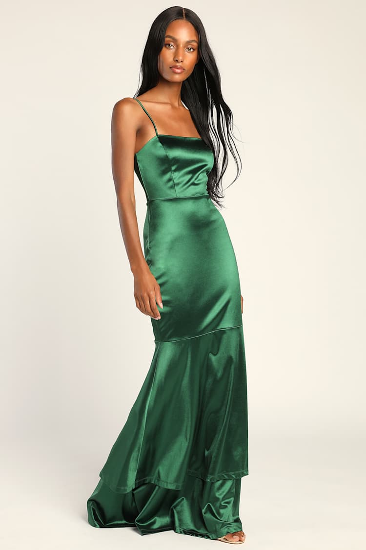 Emerald Maxi Dress - Satin Dress - Tiered Dress - Mermaid Dress - Lulus