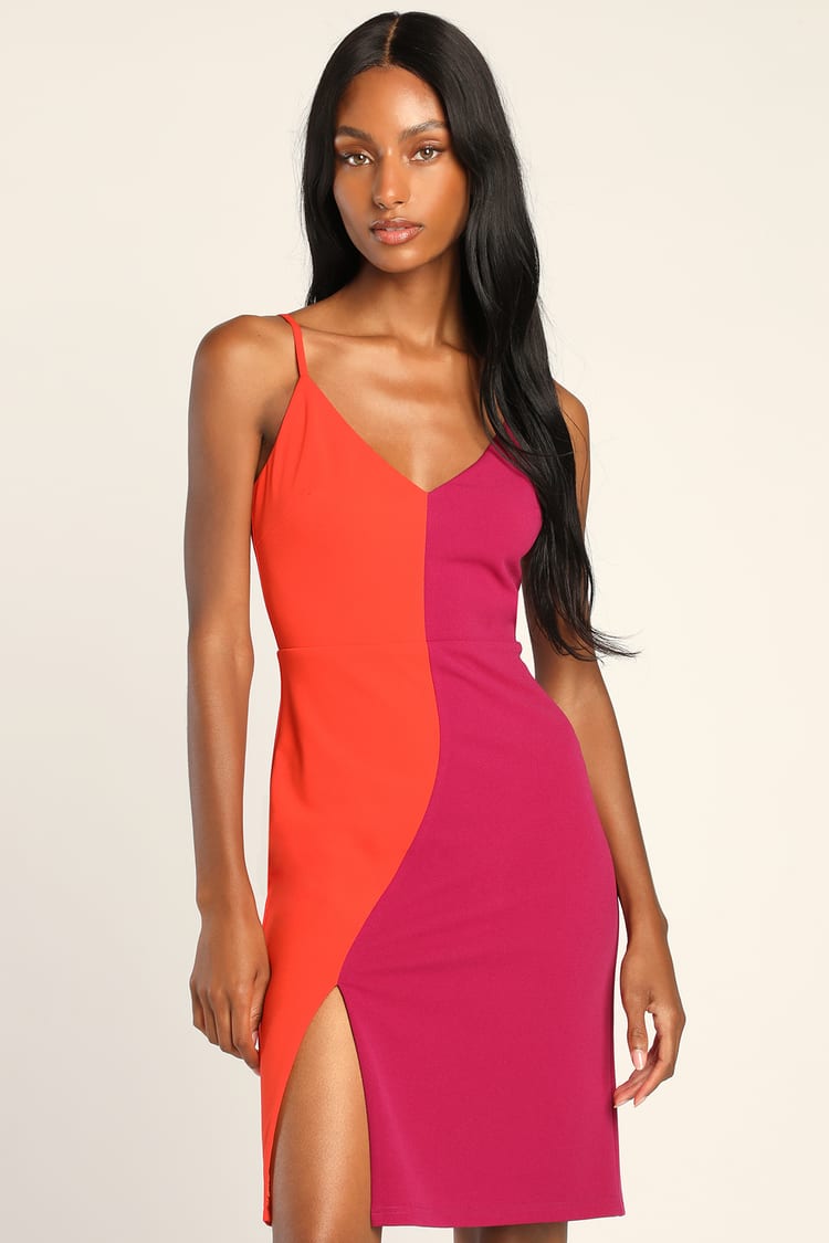Never Fully Dressed color block mini dress in red and pink