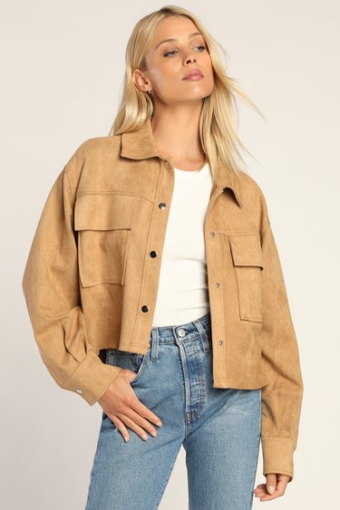 Almost Autumn Tan Suede Collared Cropped Shacket