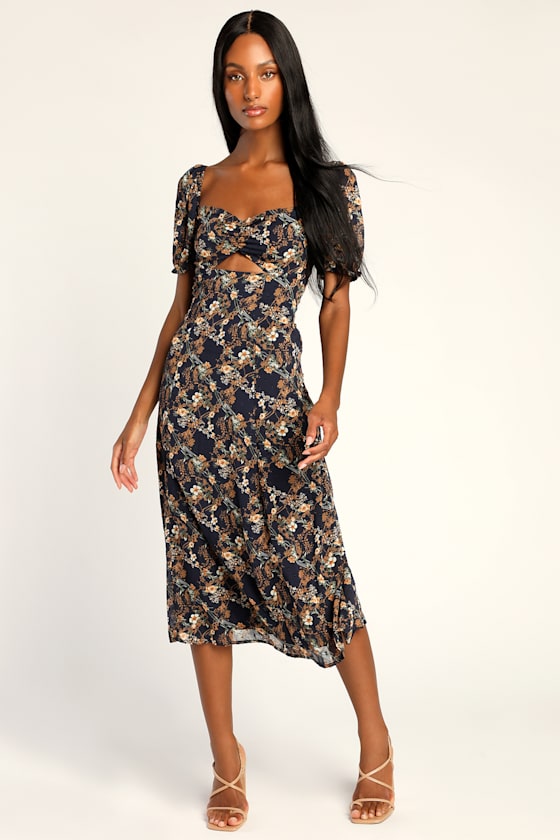 Truly Charming Navy Floral Print Puff Sleeve Cutout Midi Dress 1