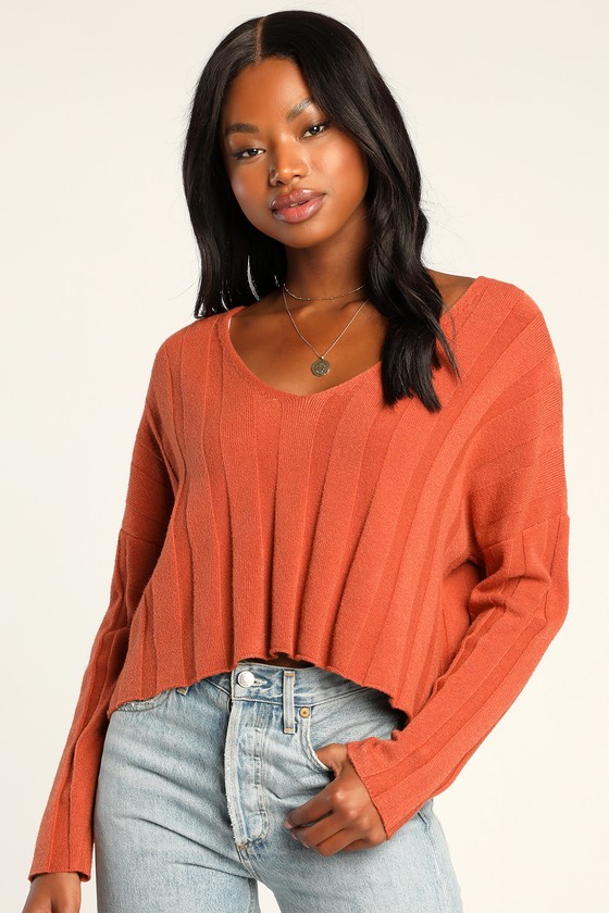 Wonderfully Warm Rust Orange Long Sleeve Cropped Sweater
