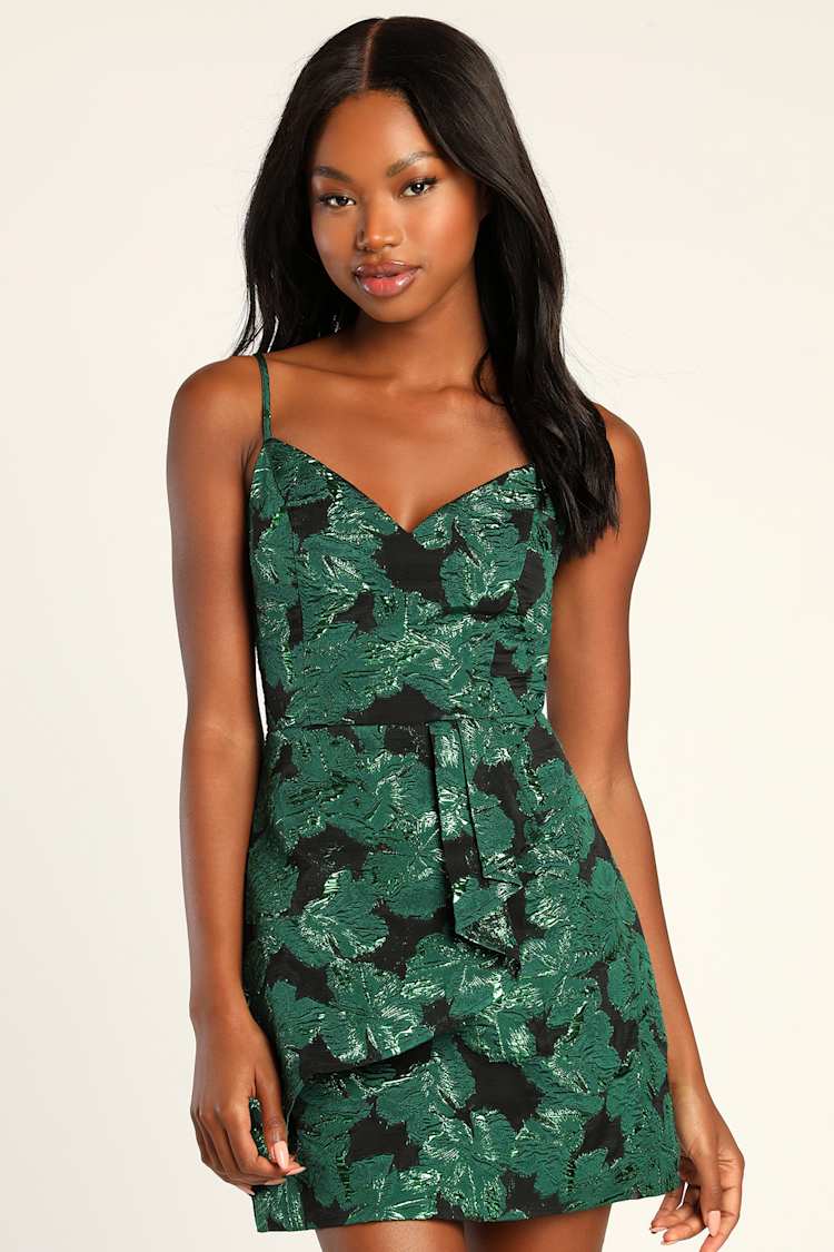 Emerald Green Dress - Floral Jacquard Dress - Tulip Mini Dress - Lulus